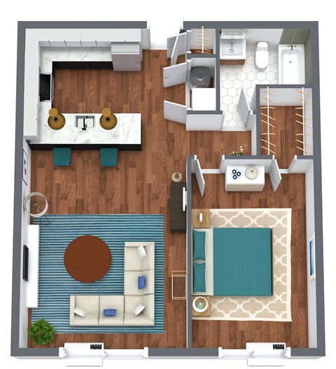 Floor plan for 1 bed, 1 bath, 700 sqft