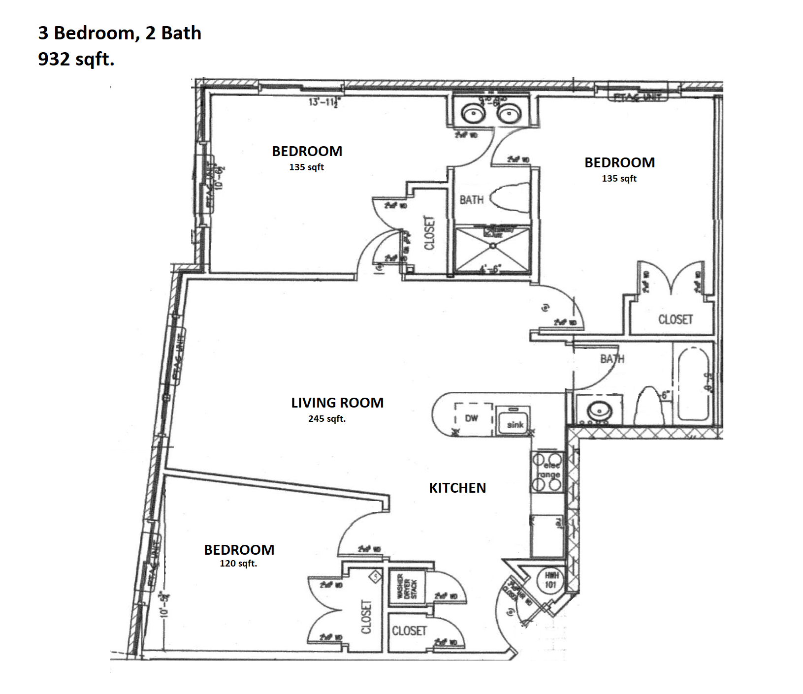 Floor plan for 3 beds, 2 baths, 932 sqft