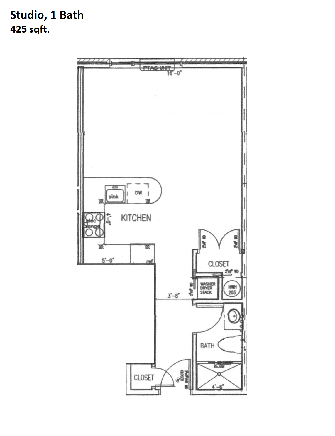 Floor plan for studio, 1 bath, 425 sqft