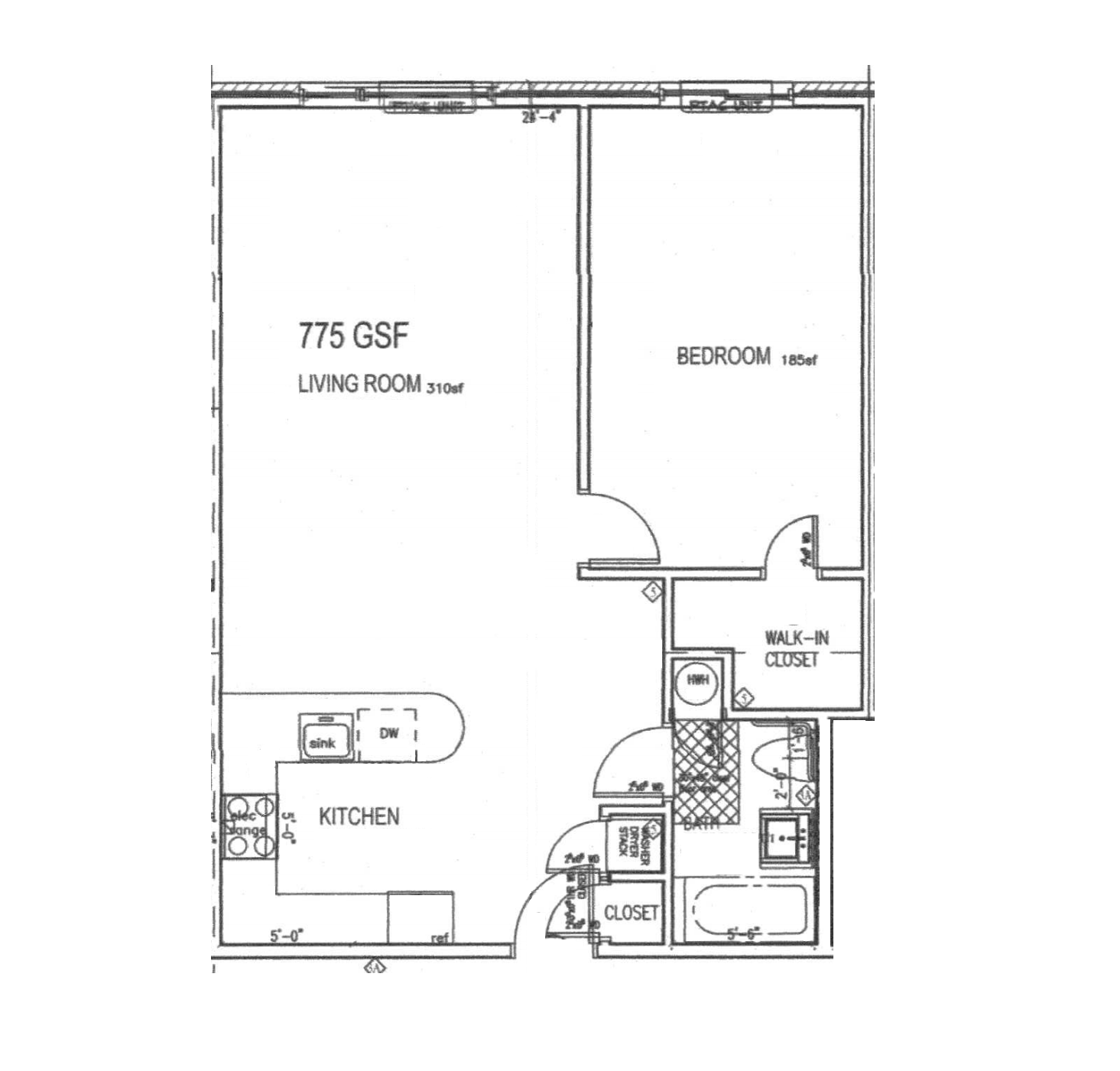 Floor plan for 1 bed, 1 bath, 740 sqft