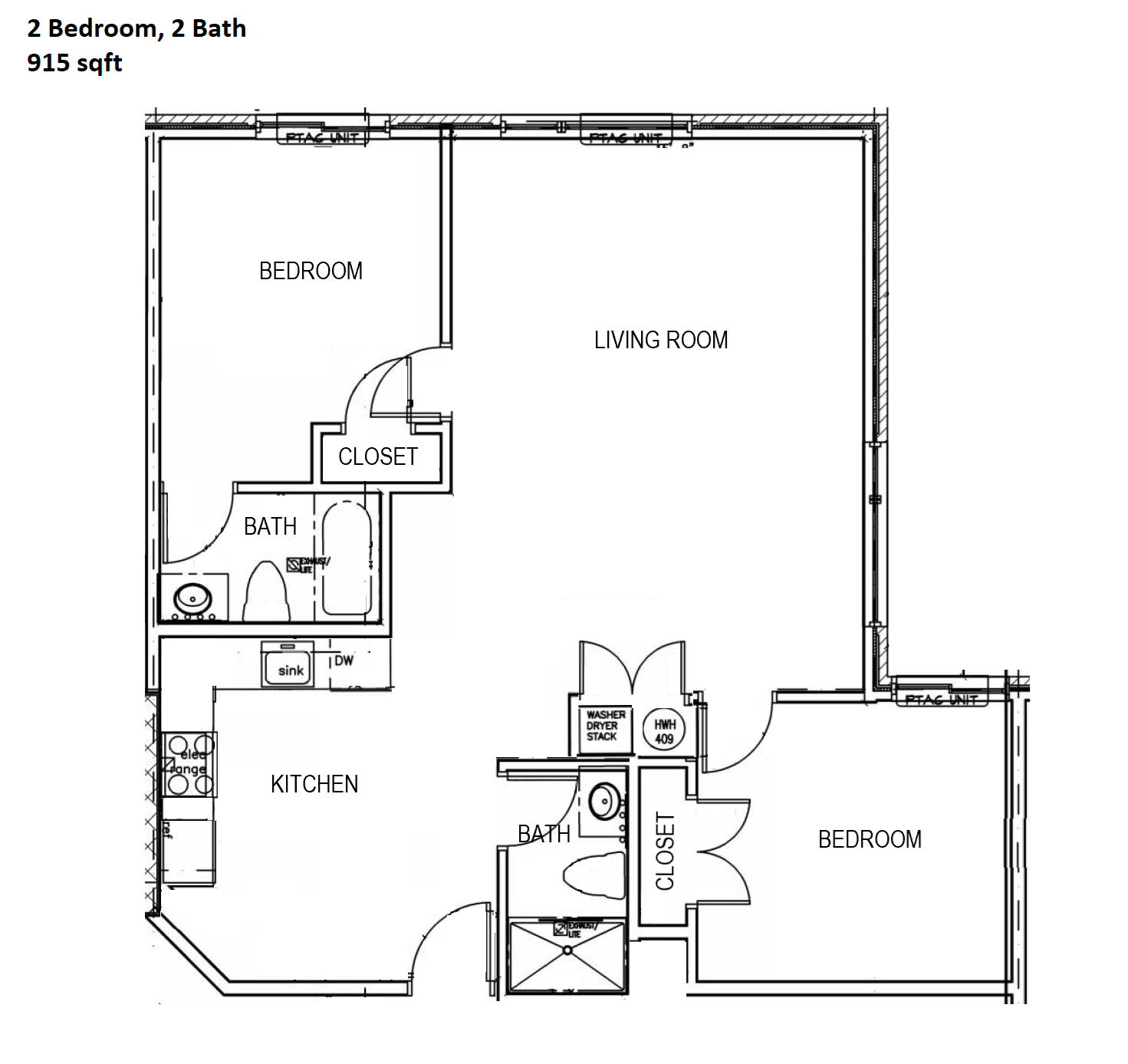 Floor plan for 2 beds, 2 baths, 845 sqft