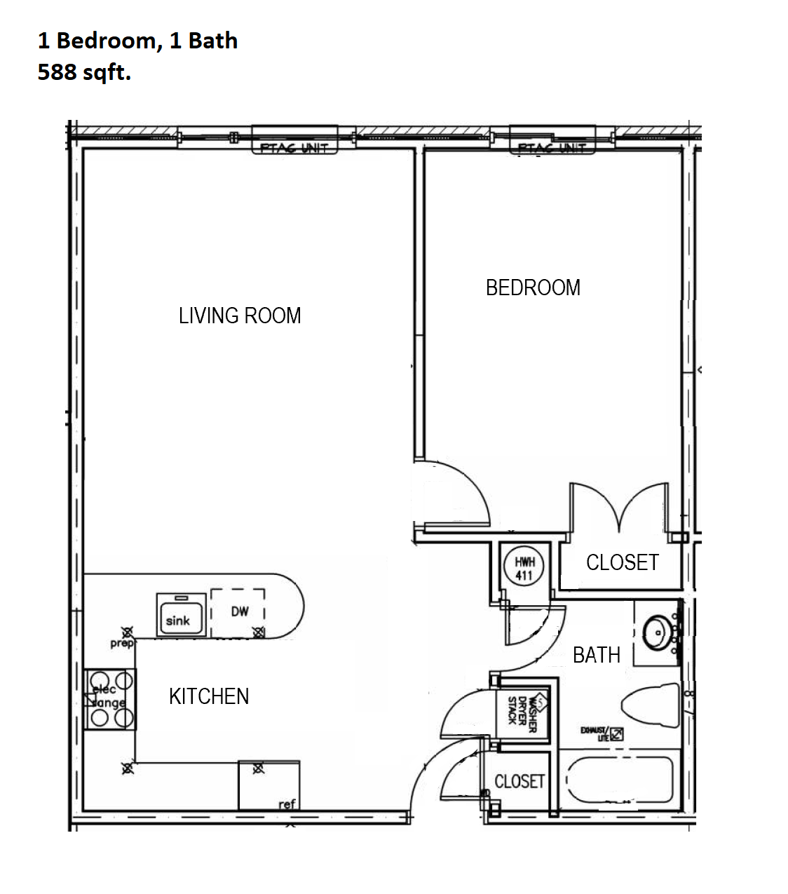 Floor plan for 1 bed, 1 bath, 625 sqft