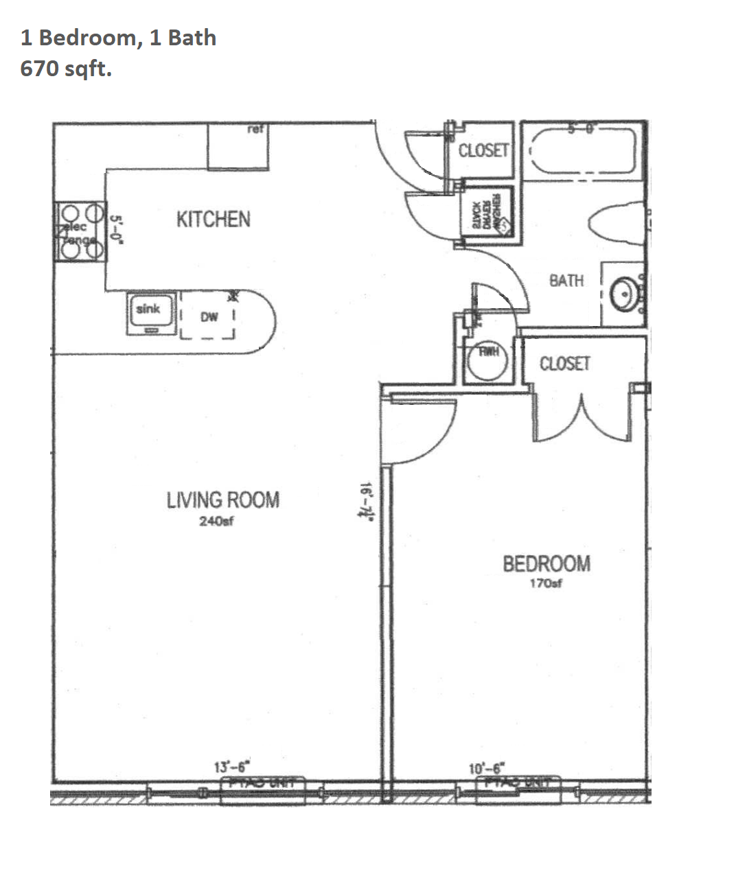 Floor plan for 1 bed, 1 bath, 665 sqft