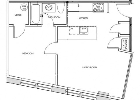 Floor plan for 1 bed, 1 bath, 678 sqft
