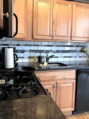 Philadelphia apartment for rent - a kitchen with a stove and sink and wooden cabinets