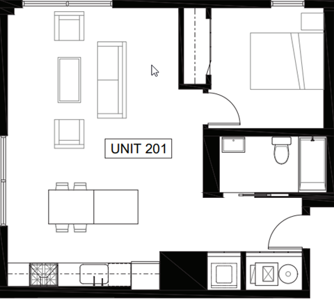 Floor plan for 1 bed, 1 bath, 793 sqft