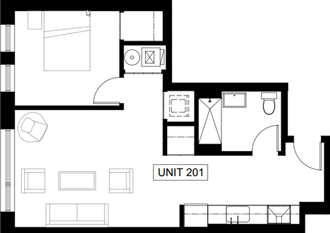 Floor plan for 1 bed, 1 bath