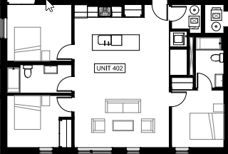 Floor plan for 2 beds, 2 baths, 1025 sqft
