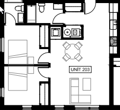 Floor plan for 2 beds, 1 bath, 950 sqft