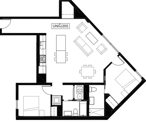 Floor plan for 2 beds, 2 baths, 1044 sqft