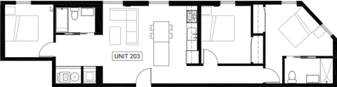 Floor plan for 3 beds, 2 baths, 1250 sqft