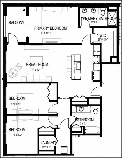 Floor plan for 3 beds, 2 baths