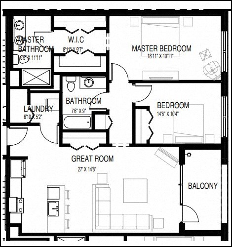 Floor plan for 2 beds, 2 baths