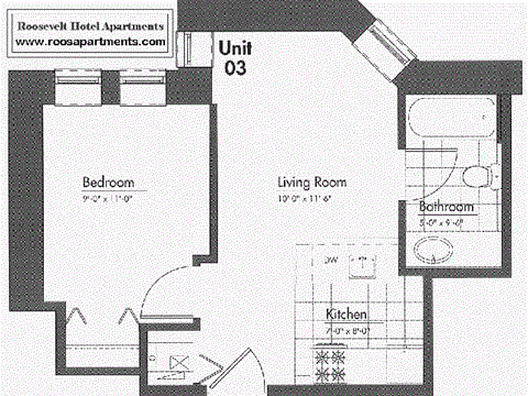 Floor plan for 1 bed, 1 bath, 500 sqft