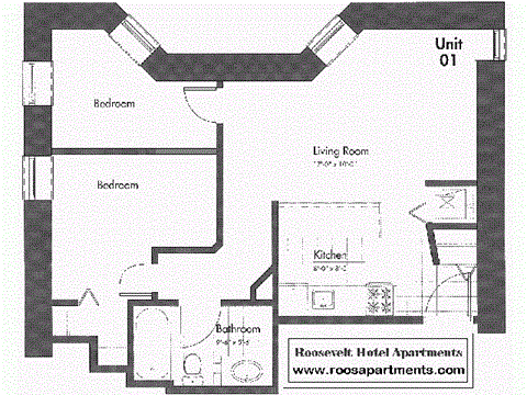 Floor plan for 2 beds, 1 bath, 805 sqft
