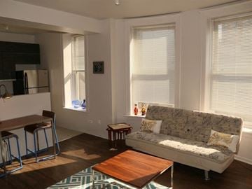 Chicago apartment for rent - a living room with a couch and a table