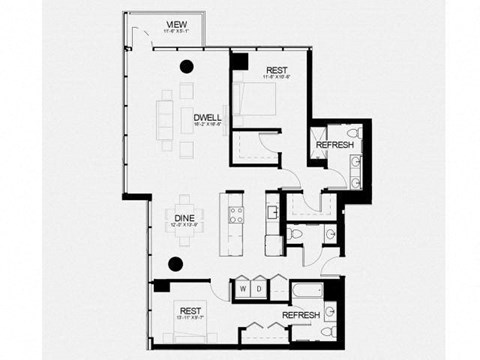 Floor plan for 2 beds, 2.5 baths, 1300 sqft