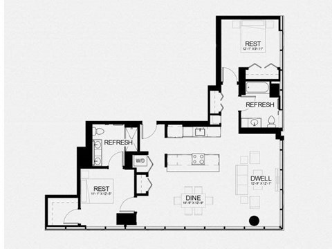 Floor plan for 2 beds, 2 baths, 1250 sqft