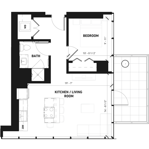 Floor plan for 1 bed, 1 bath, 729 sqft