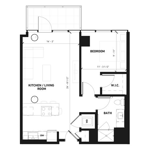 Floor plan for 1 bed, 1 bath, 729 sqft