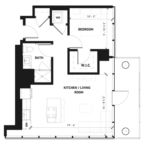 Floor plan for 1 bed, 1 bath, 725 sqft