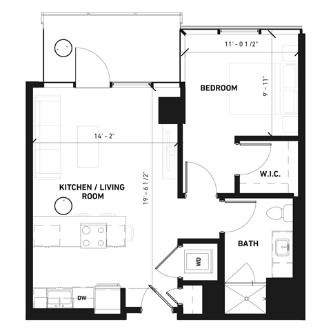 Floor plan for 1 bed, 1 bath, 655 sqft