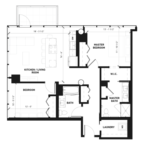 Floor plan for 2 beds, 2 baths, 1145 sqft