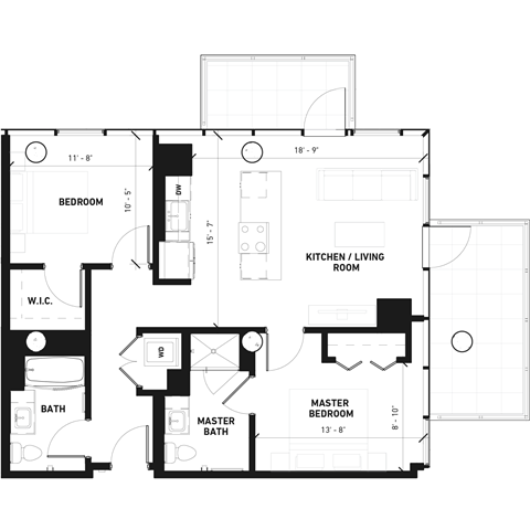 Floor plan for 2 beds, 2 baths, 958 sqft