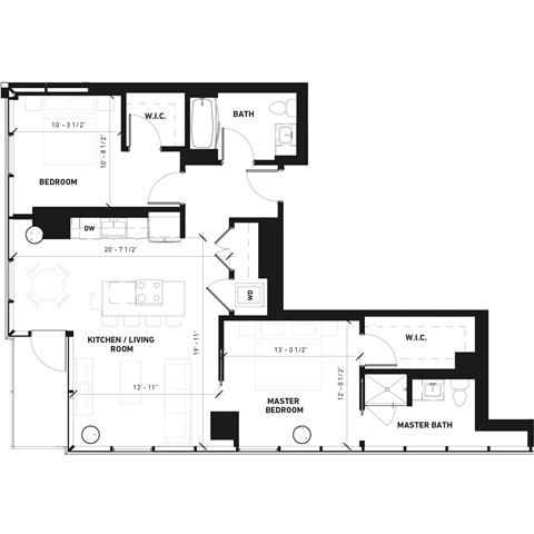 Floor plan for 2 beds, 2 baths, 1123 sqft