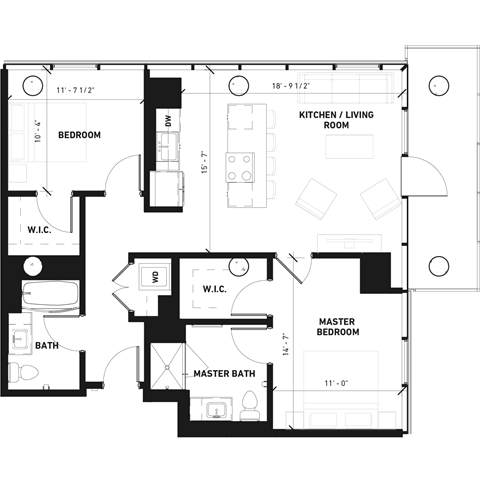 Floor plan for 2 beds, 2 baths, 1025 sqft