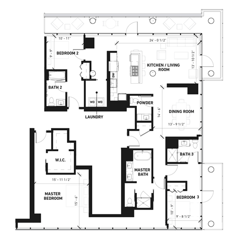 Floor plan for 3 beds, 3 baths, 2290 sqft