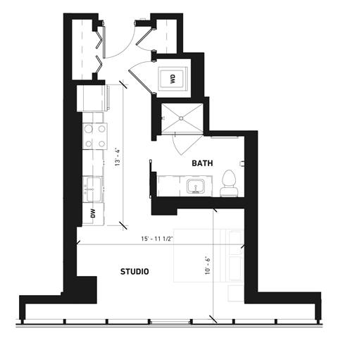 Floor plan for studio, 1 bath, 475 sqft