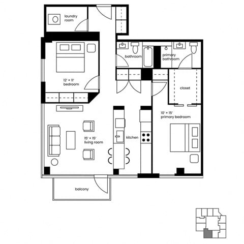 Floor plan for 2 beds, 2 baths, 1238 sqft