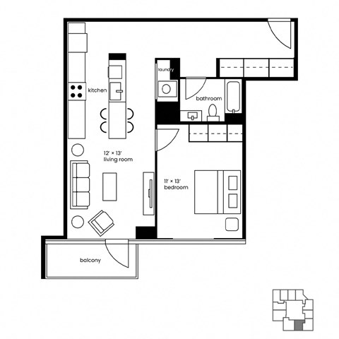 Floor plan for 1 bed, 1 bath, 820 sqft