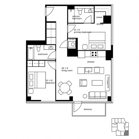 Floor plan for 2 beds, 2 baths, 1041 sqft