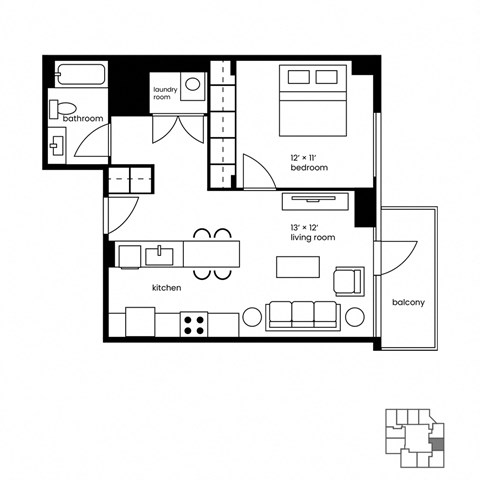 Floor plan for 1 bed, 1 bath, 681 sqft