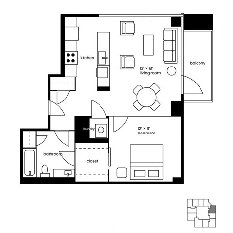 Floor plan for 1 bed, 1 bath, 815 sqft