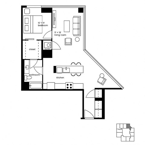 Floor plan for 1 bed, 1 bath, 894 sqft
