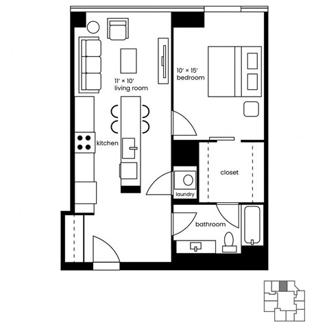 Floor plan for 1 bed, 1 bath, 732 sqft