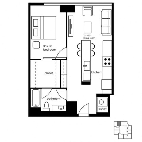 Floor plan for 1 bed, 1 bath, 720 sqft