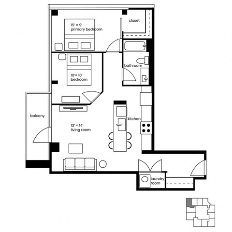 Floor plan for 2 beds, 1 bath, 939 sqft