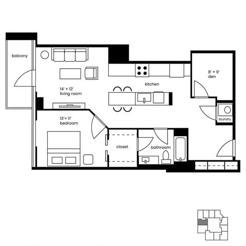 Floor plan for 1 bed, 1 bath, 929 sqft
