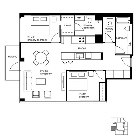 Floor plan for 2 beds, 2 baths, 1189 sqft