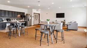 Kokomo apartment for rent - a living room and kitchen with bar stools and tables