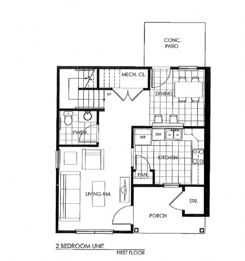 Floor plan for 2 beds, 1 bath, 991 sqft