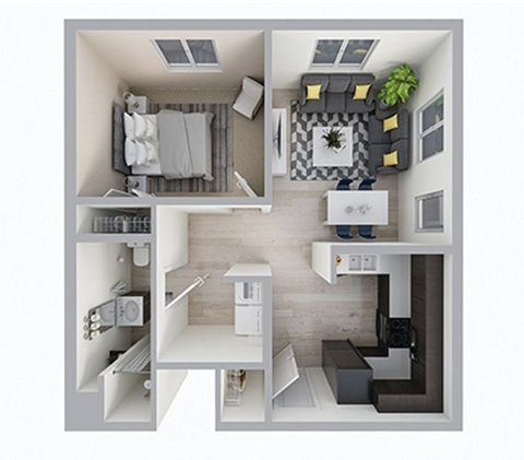 Floor plan for 1 bed, 1 bath, 678 sqft