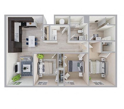 Floor plan for 3 beds, 2 baths