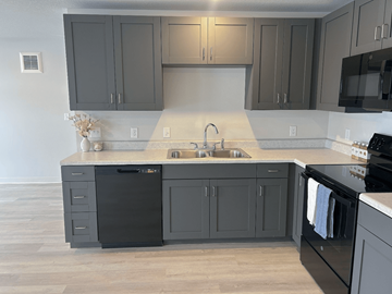 Des Moines apartment for rent - A kitchen with black cabinets and a black dishwasher.