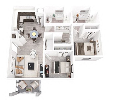 Floor plan for 2 beds, 2 baths, 888 sqft