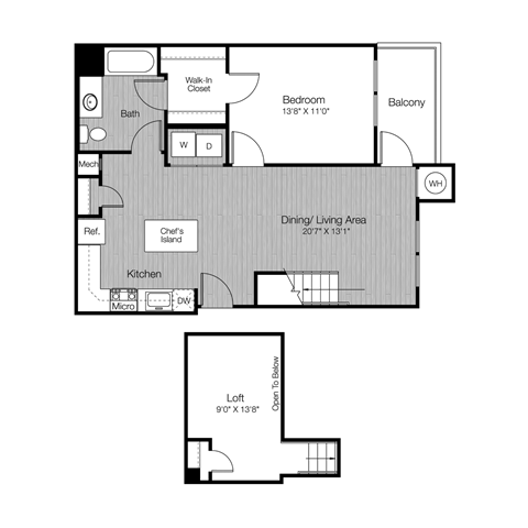 Floor plan for 1 bed, 1 bath, 909 sqft
